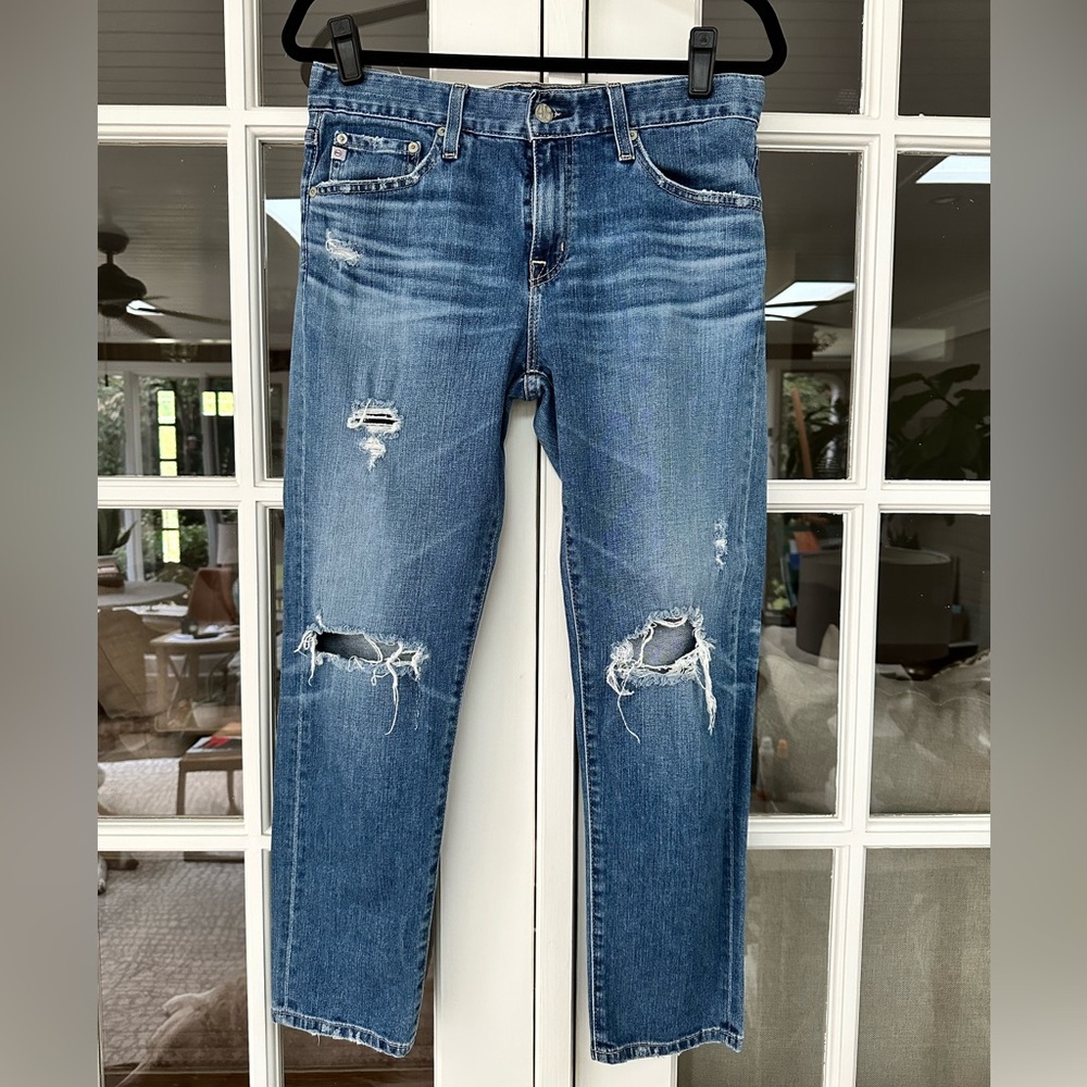 AG Jeans distressed boyfriend medium blue straight leg.